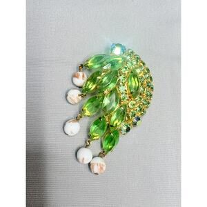 Vintage Brooch | Green Rhinestone Spray with Dangling Glitter Bead Accents